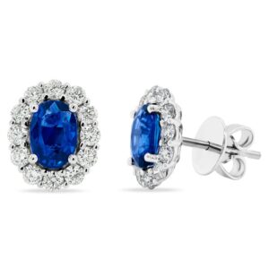 Halo Oval Shaped Blue Sapphire Stud Earrings
