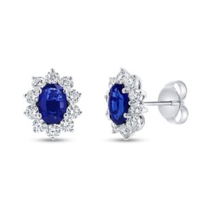 Halo Oval Shaped Blue Sapphire Stud Earrings