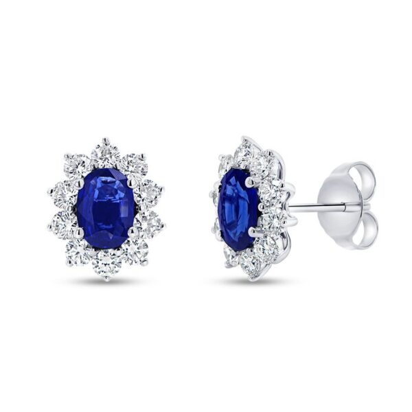Halo Oval Shaped Blue Sapphire Stud Earrings