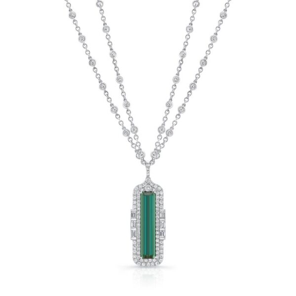 Double-Halo Emerald Cut Green Tourmaline Drop Pendant