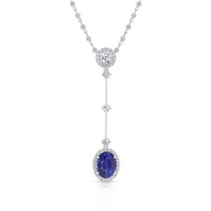 Halo Oval Shaped Blue Sapphire Lariat Necklace