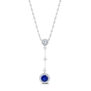 Halo Round Blue Sapphire Drop Pendant
