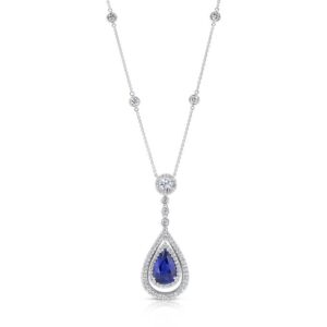 Double-Halo Pear Shaped Blue Sapphire Drop Pendant