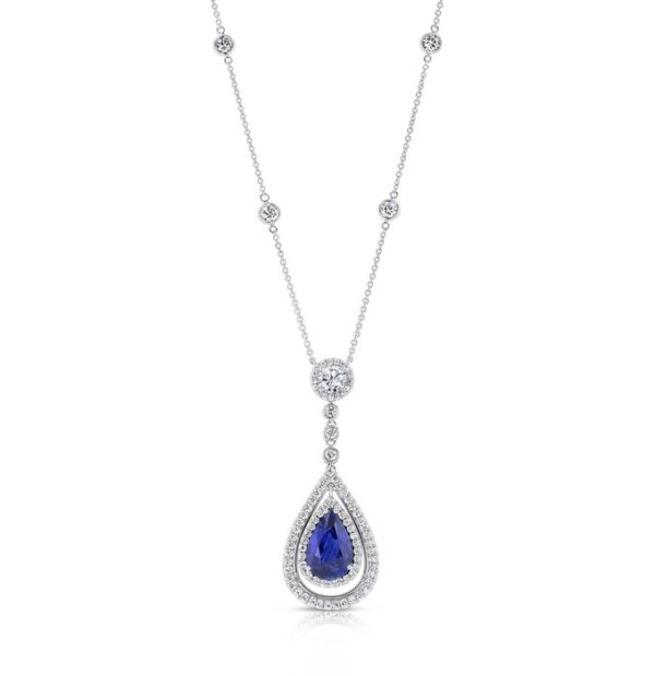 Double-Halo Pear Shaped Blue Sapphire Drop Pendant