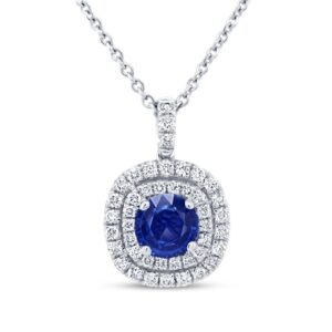 Double-Halo Round Blue Sapphire Drop Pendant