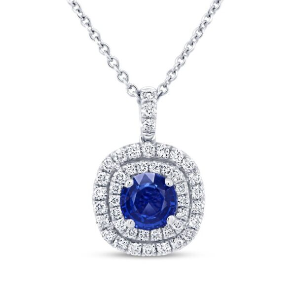 Double-Halo Round Blue Sapphire Drop Pendant