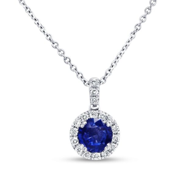 Halo Round Blue Sapphire Drop Pendant