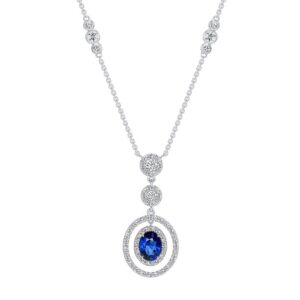 Halo Oval Shaped Blue Sapphire Drop Pendant