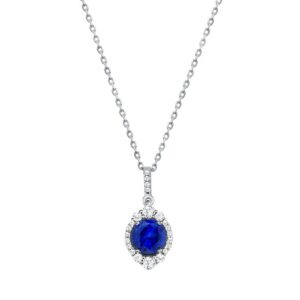 Halo Round Blue Sapphire Drop Pendant