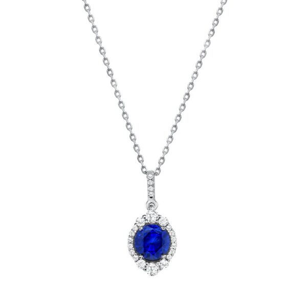 Halo Round Blue Sapphire Drop Pendant