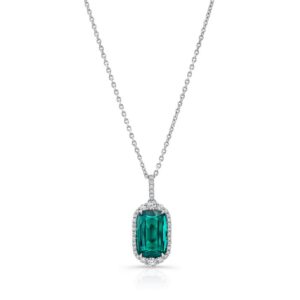 Halo Cushion Cut Green Tourmaline Drop Pendant