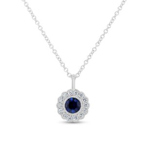Halo Round Blue Sapphire Drop Pendant