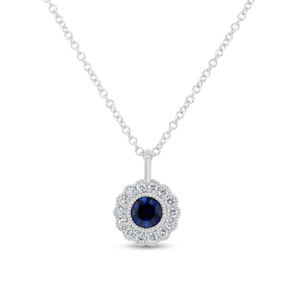 Halo Round Blue Sapphire Drop Pendant