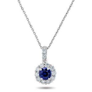Halo Round Blue Sapphire Drop Pendant