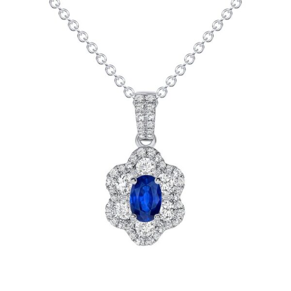 Halo Oval Shaped Blue Sapphire Drop Pendant