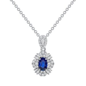 Halo Oval Shaped Blue Sapphire Drop Pendant