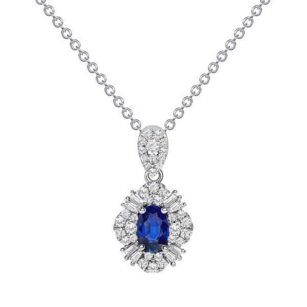 Halo Oval Shaped Blue Sapphire Drop Pendant
