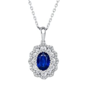 Double-Halo Round Blue Sapphire Drop Pendant