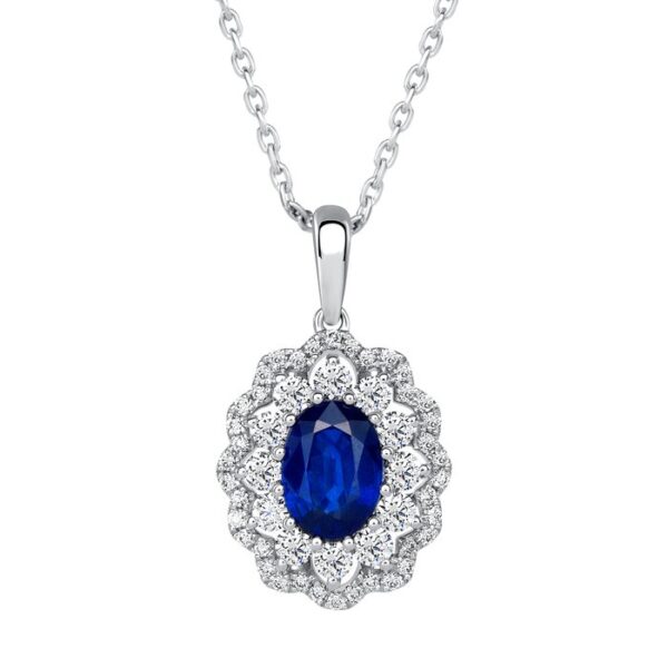 Double-Halo Round Blue Sapphire Drop Pendant