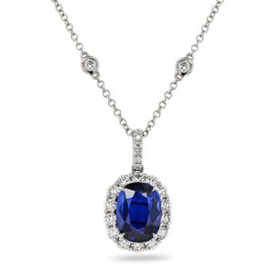 Halo Oval Shaped Blue Sapphire Drop Pendant