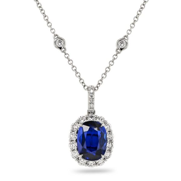 Halo Oval Shaped Blue Sapphire Drop Pendant