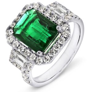 3-Stone-Halo Emerald Cut Emerald Fashion Ring