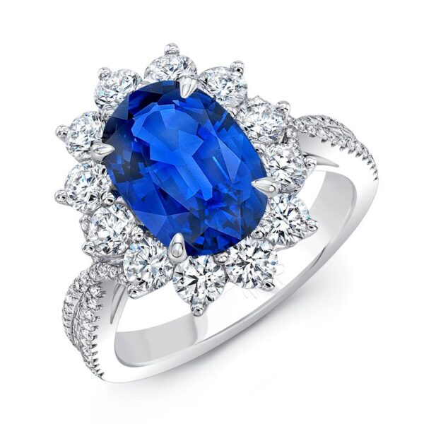 Halo Oval Shaped Blue Sapphire Engagement Ring