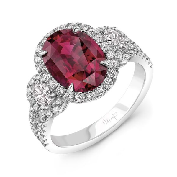 3-Stone-Halo Oval Shaped Ruby Engagement Ring