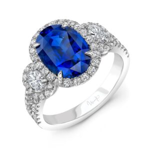 3-Stone-Halo Oval Shaped Blue Sapphire Fashion Ring