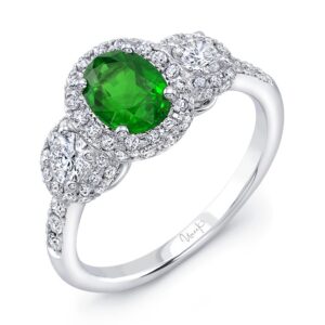 3-Stone-Halo Oval Shaped Emerald Engagement Ring