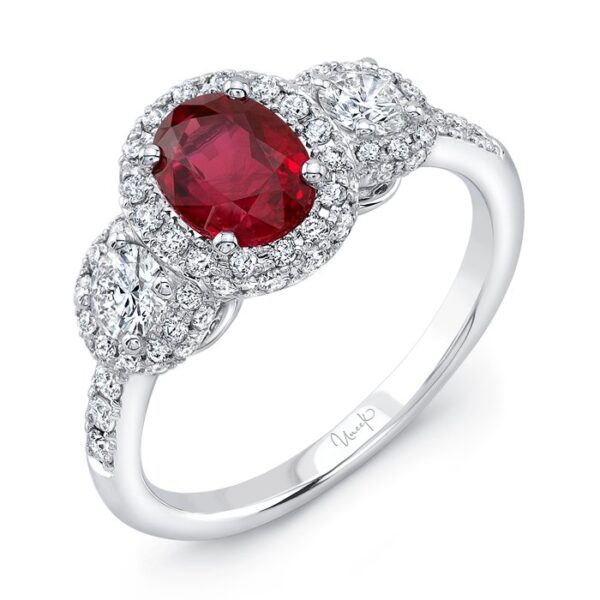 3-Stone-Halo Oval Shaped Ruby Engagement Ring