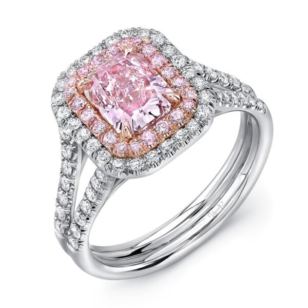 Double-Halo Emerald Cut Light Pink Diamond Engagement Ring
