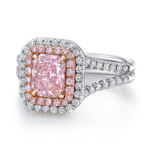 Double-Halo Emerald Cut Light Pink Diamond Engagement Ring - Image 2