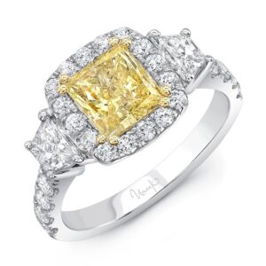 3-Stone-Halo Princess Cut Yellow Diamond Engagement Ring