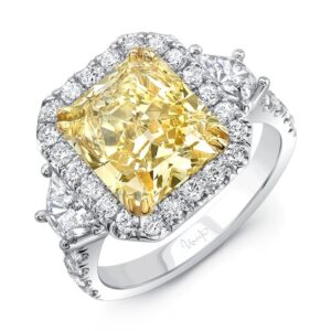 3-Stone-Halo Radiant Yellow Diamond Engagement Ring