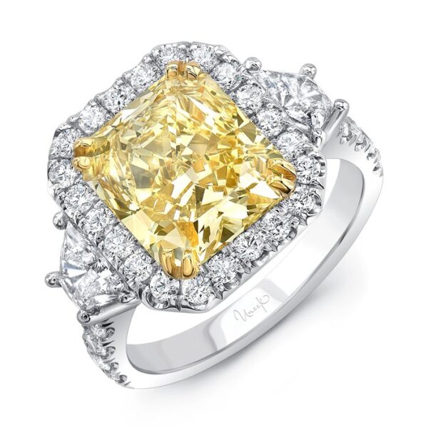 3-Stone-Halo Radiant Yellow Diamond Engagement Ring