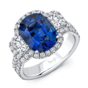 3-Stone-Halo Cushion Cut Blue Sapphire Engagement Ring