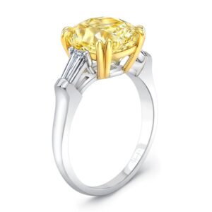 Three-Stone Cushion Cut Fancy Yellow Diamond Engagement Ring