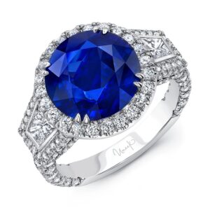 3-Stone-Halo Round Blue Sapphire Fashion Ring