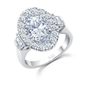 3-Stone-Halo Oval Shaped Diamond Engagement Ring