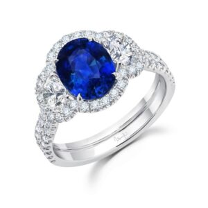 3-Stone-Halo Oval Shaped Blue Sapphire Fashion Ring
