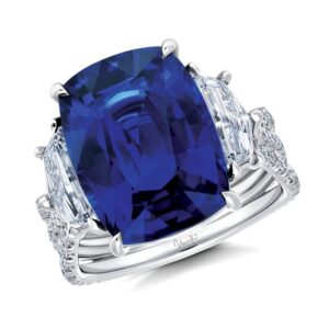 Three-Stone Cushion Cut Blue Sapphire Engagement Ring