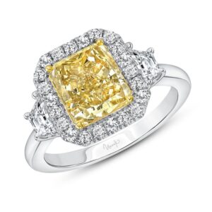 3-Stone-Halo Radiant Yellow Diamond Engagement Ring