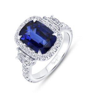 3-Stone-Halo Cushion Cut Blue Sapphire Engagement Ring