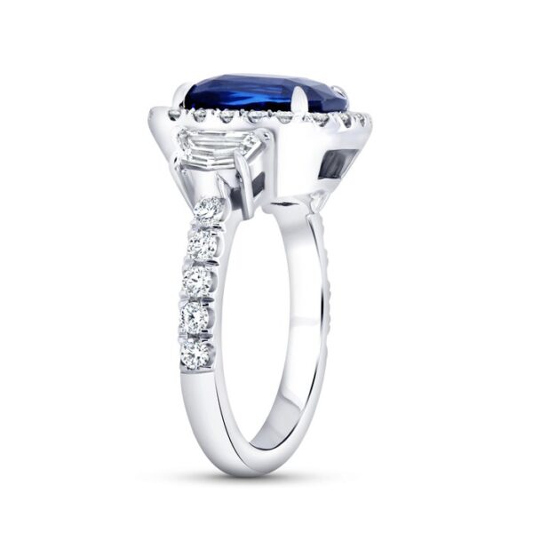 3-Stone-Halo Cushion Cut Blue Sapphire Engagement Ring - Image 2