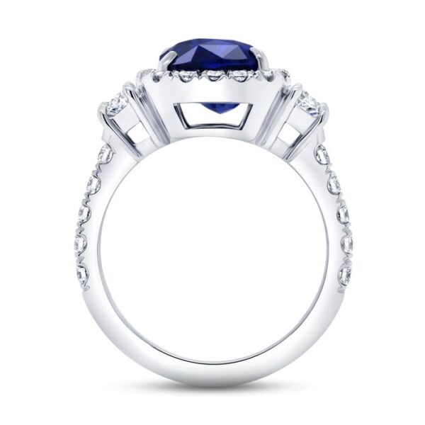 3-Stone-Halo Cushion Cut Blue Sapphire Engagement Ring - Image 3
