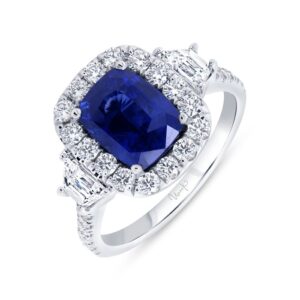 3-Stone-Halo Cushion Cut Blue Sapphire Engagement Ring