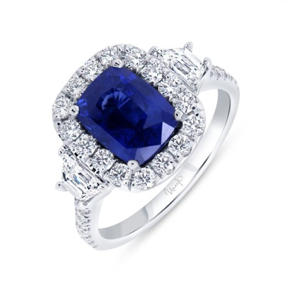 3-Stone-Halo Cushion Cut Blue Sapphire Engagement Ring