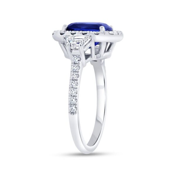 3-Stone-Halo Cushion Cut Blue Sapphire Engagement Ring - Image 2