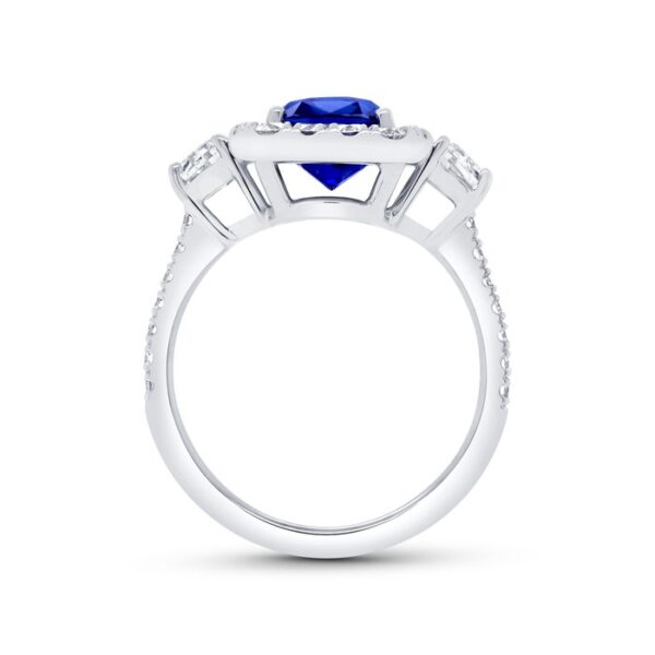 3-Stone-Halo Cushion Cut Blue Sapphire Engagement Ring - Image 3